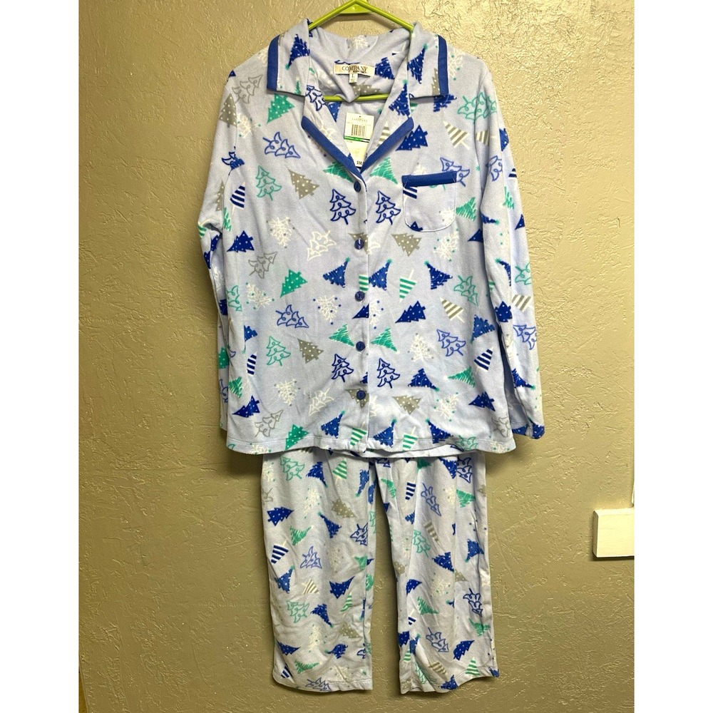 Company Ellen Tracy Womens L Fleece Pajama Set Button Front Christmas Tree